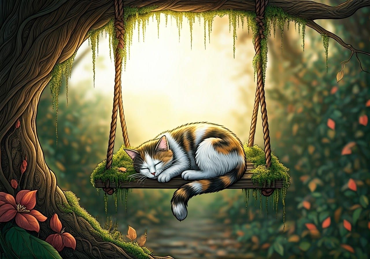Calico Cat's Whimsical Nap in Autumn Garden