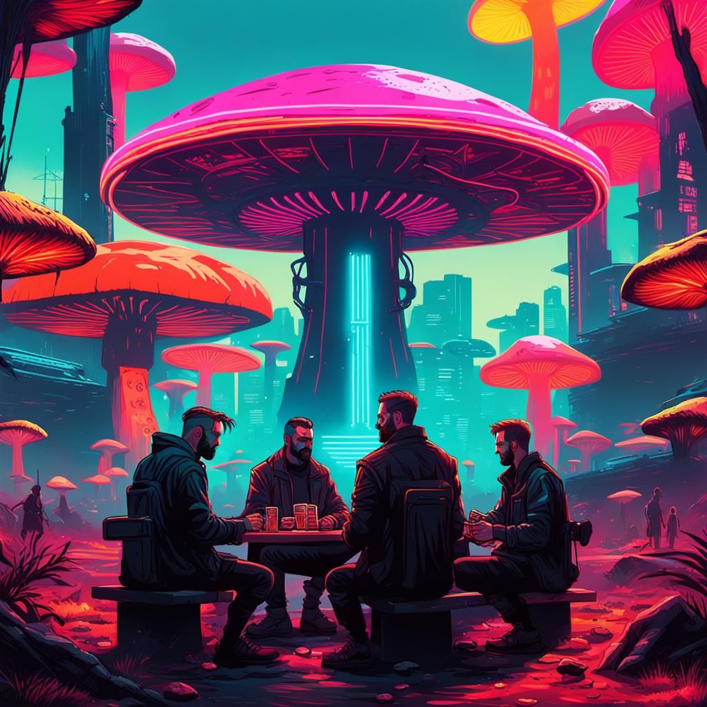 Gods Enjoying a Mushroom Picnic in Cyberpunk Style