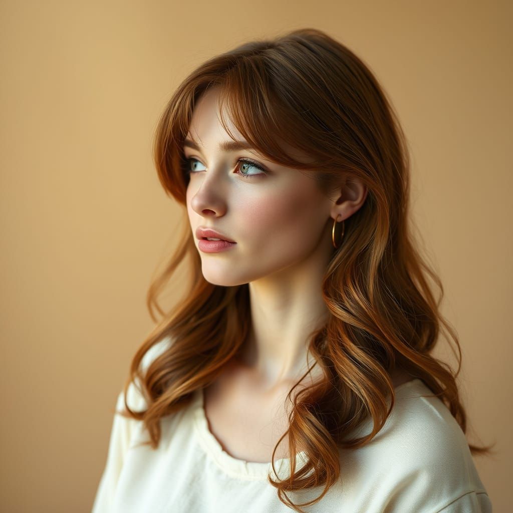 A soft, ethereal portrait photograph captures a young woman with long, flowing auburn hair styled in loose, romantic cur...