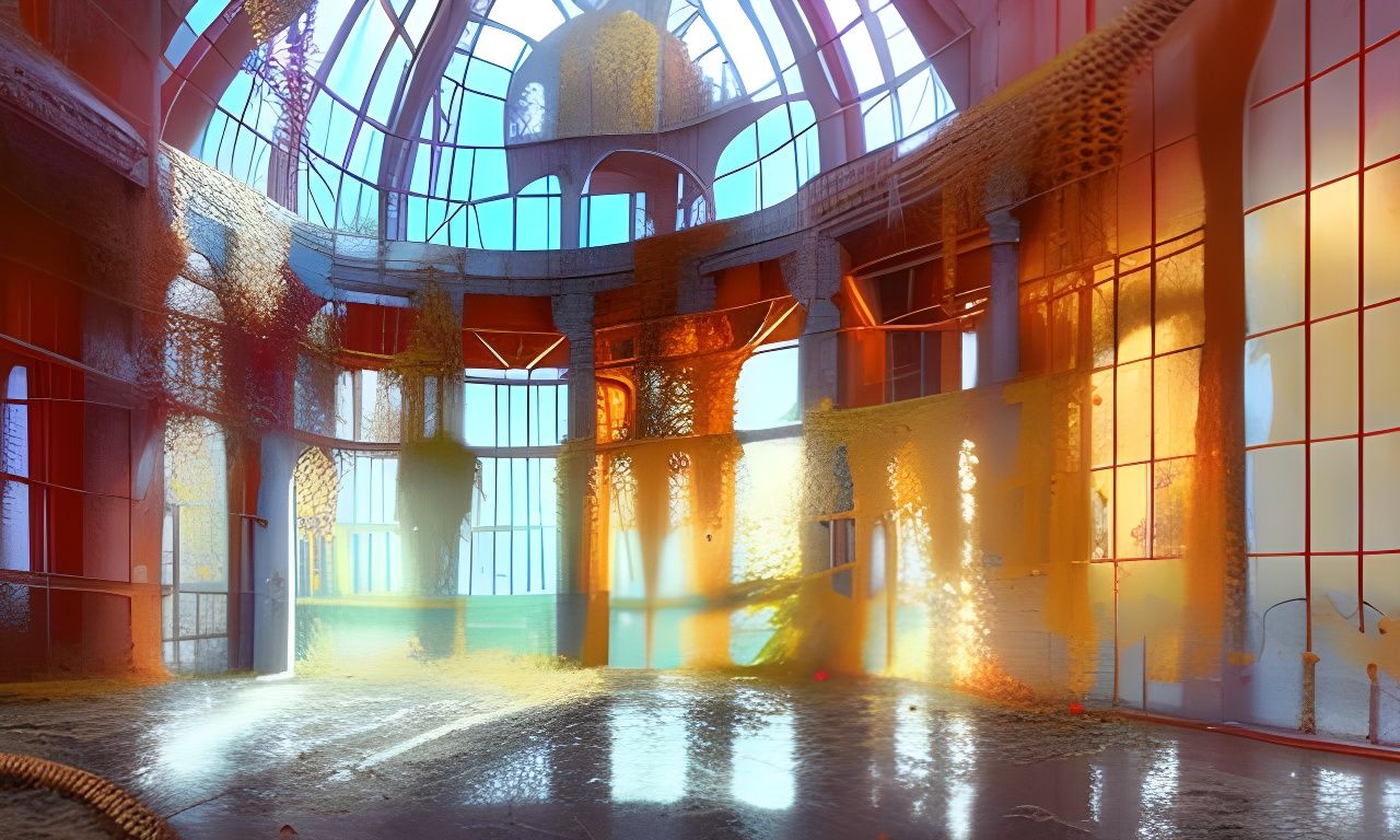 Eerie Liminal Space: Abandoned Glass Hall in Digital Art