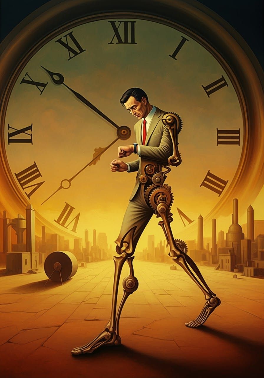 Biomechanical Salaryman in Dystopian Cityscape Painting