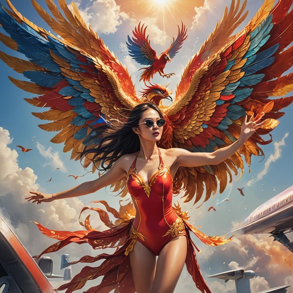 Chinese Woman with Phoenix Wings on Airplane