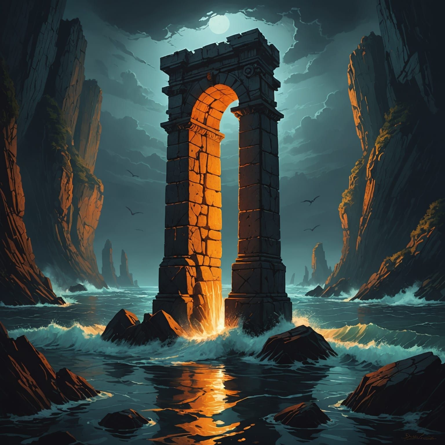 Sinister Ocean Archway in Horror Art Style