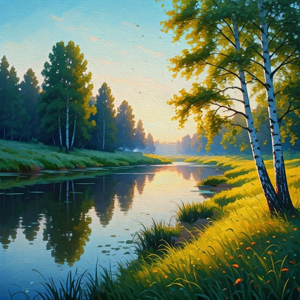 Sunlit Birch Forest by a Serene River