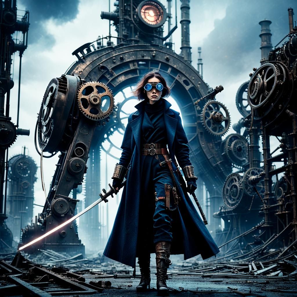 Steampunk Katana in Dystopian Cityscape