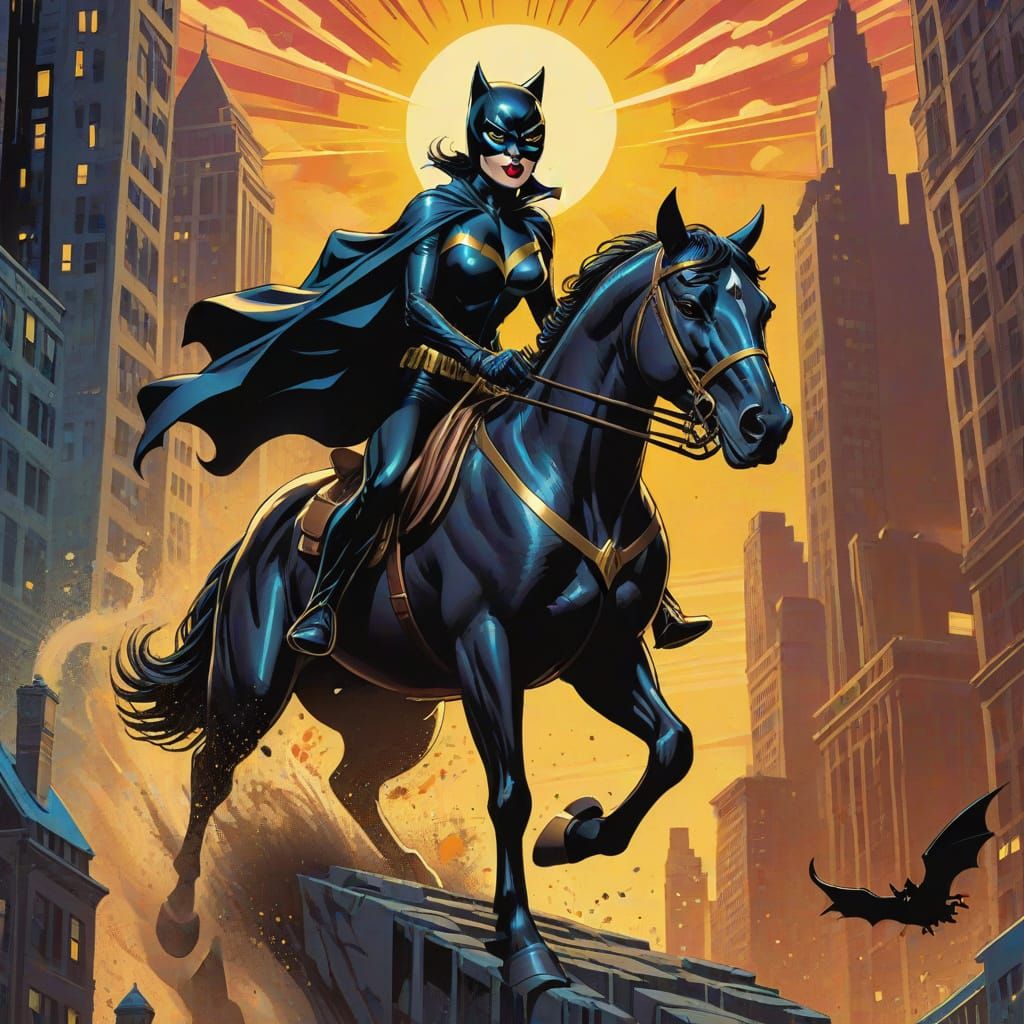 Catwoman Riding Horse in Comic Book Pop Art Style