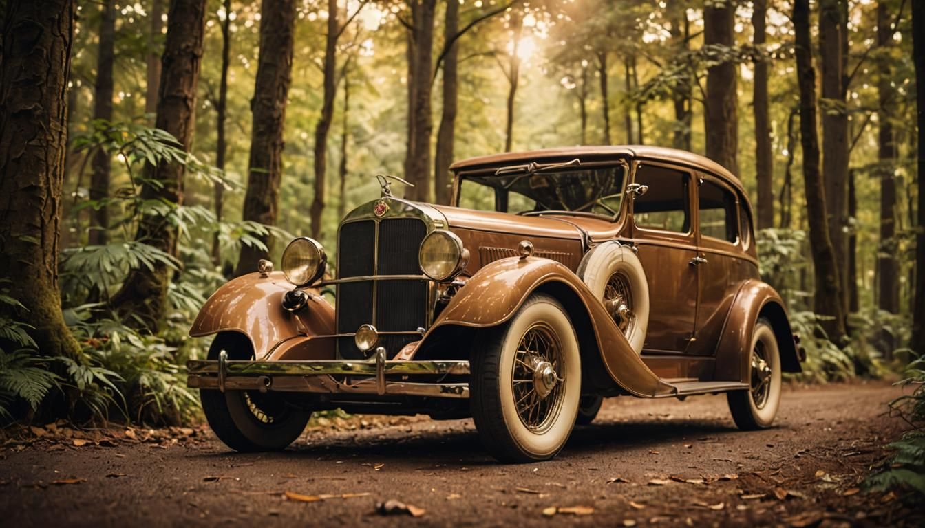 Antique Elven Car in Forest: Retro-Futuristic Elegance
