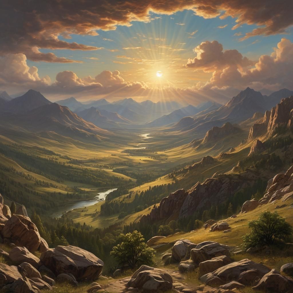Panoramic Landscape Painting with Sunburst Sky