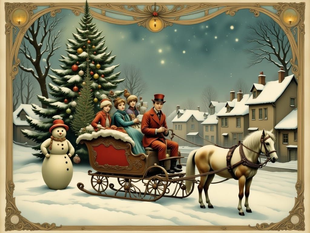 Victorian Christmas Sleigh Ride in Art Nouveau Style