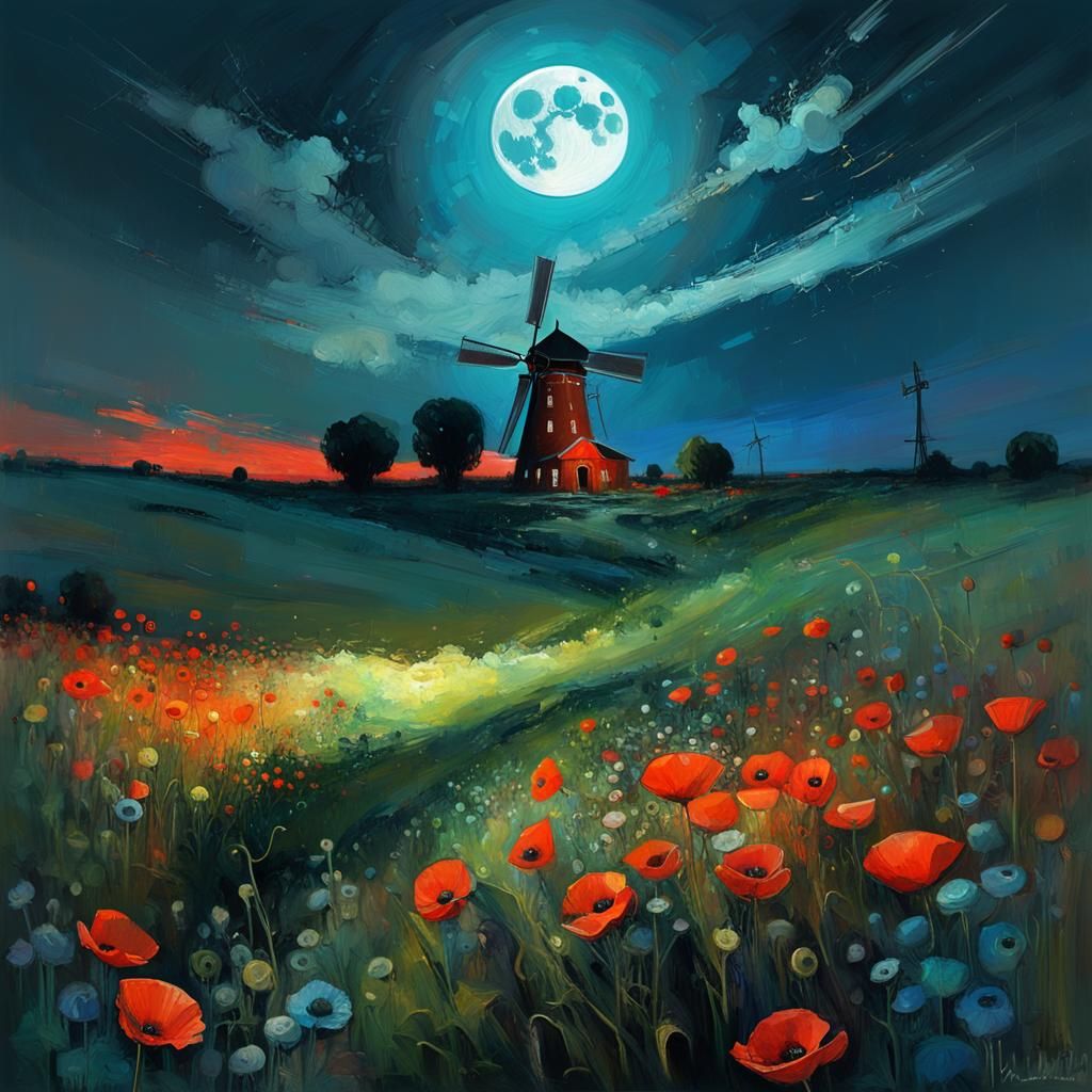Biopunk Meadow: Full Moon, Windmill and Poppies