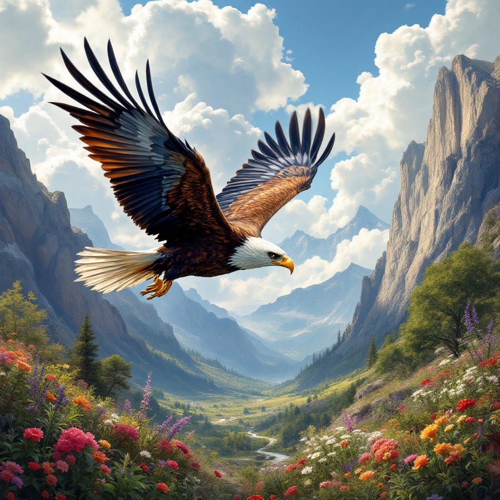 Eagle flying through a mountain valley