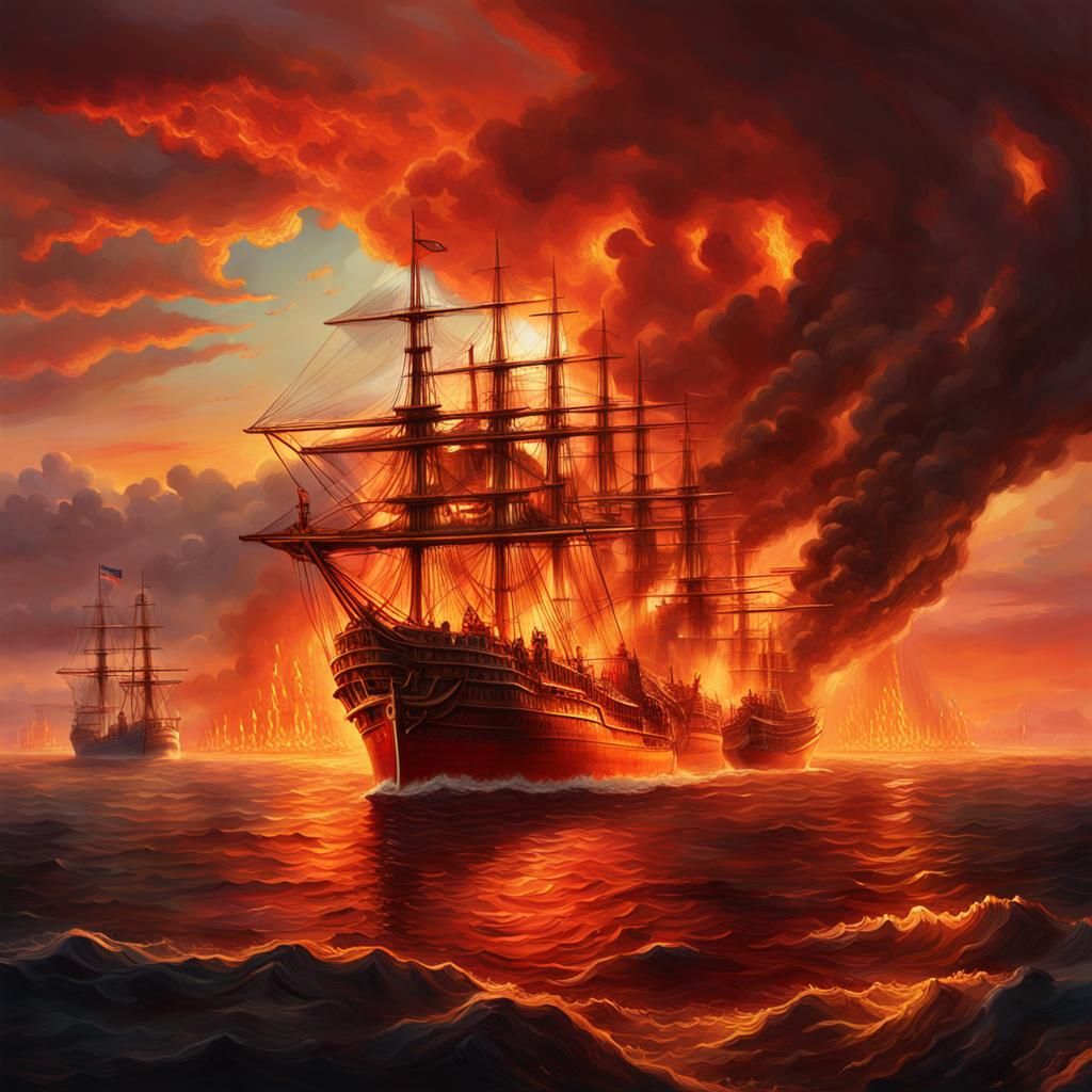 Gibraltar Ablaze with Spanish Ships: Baroque Marine Art