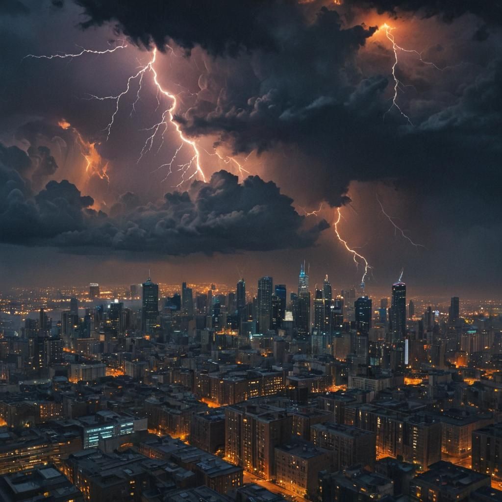 Night City Lightning Storm: Expressive Oil Painting