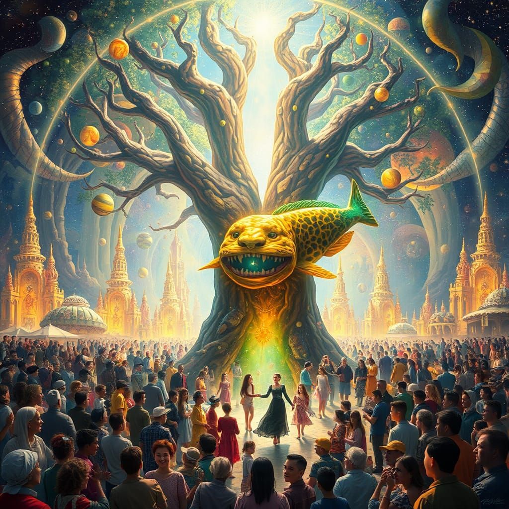 Divine Family Surrounded by Multicultural Crowd in Surreal S...