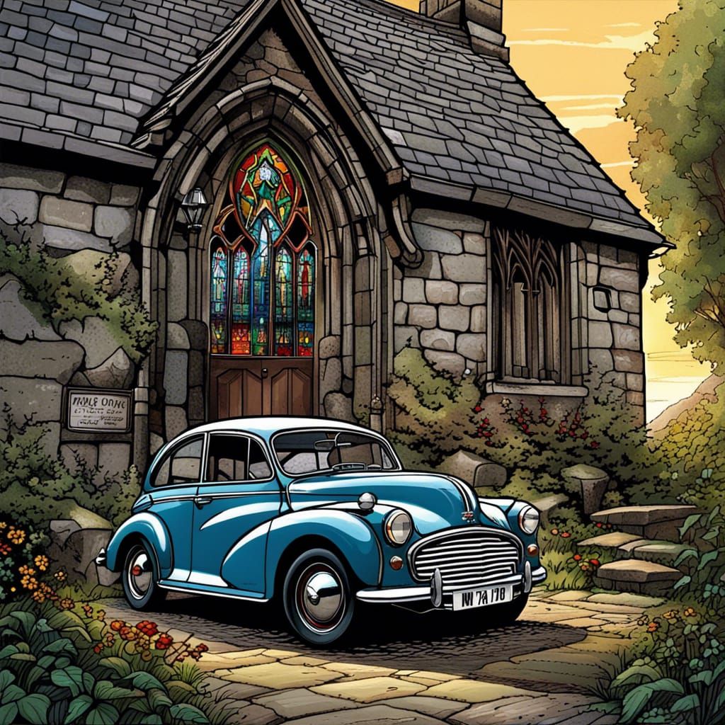 Morris Minor Parked by Country Church, Comic Art