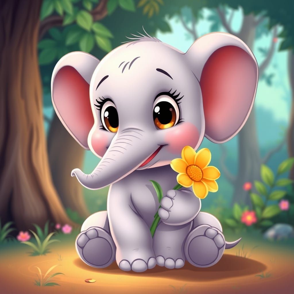 Cute Elephant with Flower in Cartoon Fantasy Style