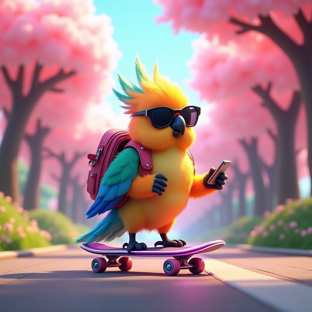 Parrot Skateboarder in Sunlit Cherry Blossom Park