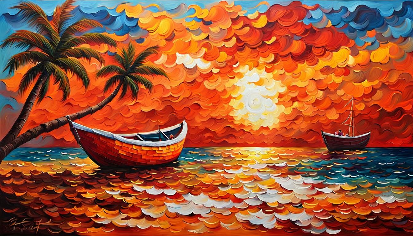 Sunset Beach Impasto Painting with Fishing Boat