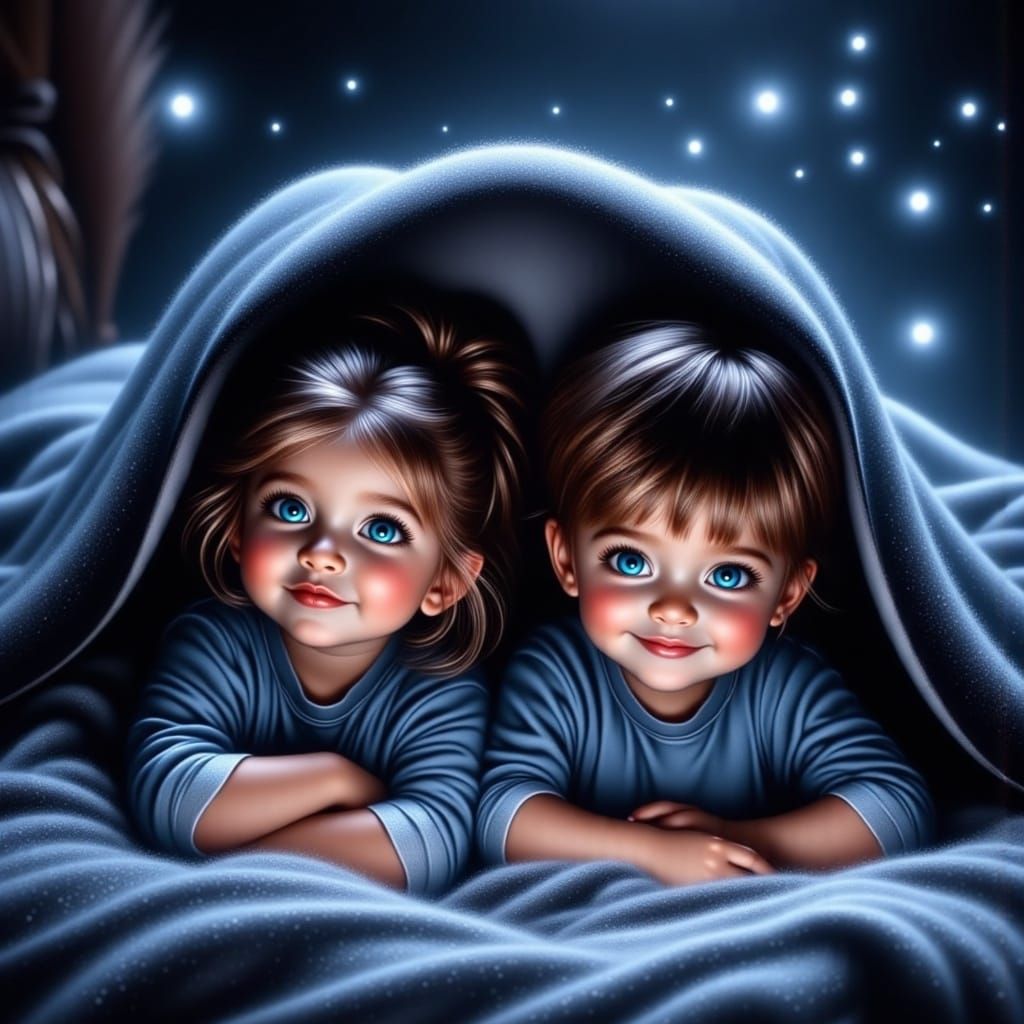 Children Giggling Under a Cozy Nighttime Fort