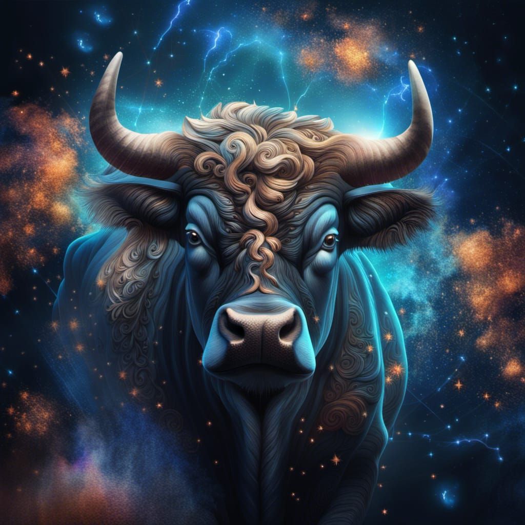 Majestic Bull with Cosmic Floral Design