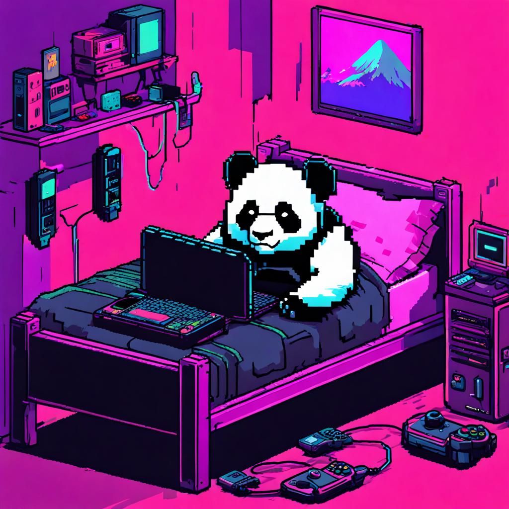 8-bit Panda Gaming in Cyberpunk Style