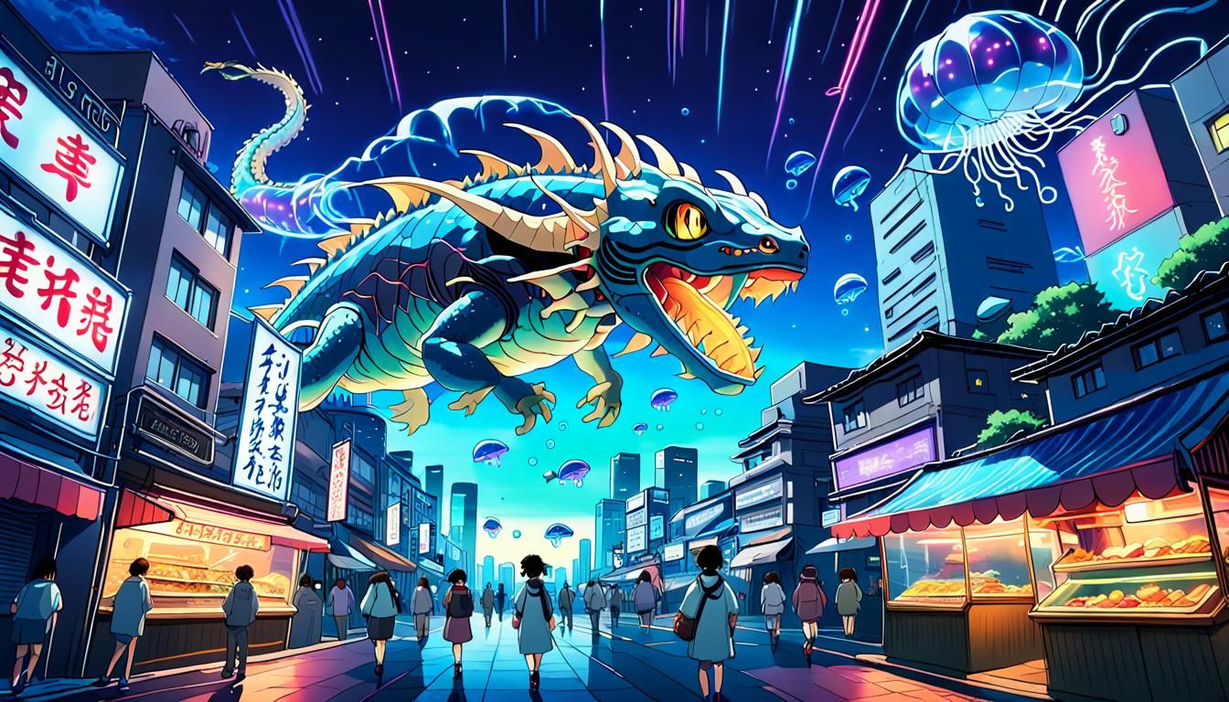 Dragon in Neon Cityscape: Synthwave Ghibli Style