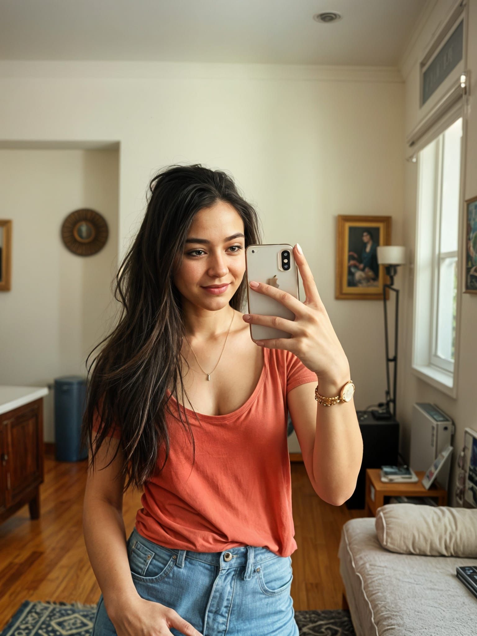 Realistic iPhone Selfie of Woman in Apartment