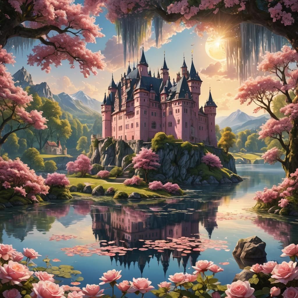Enchanting Pink Fantasy Castle in Sunlight