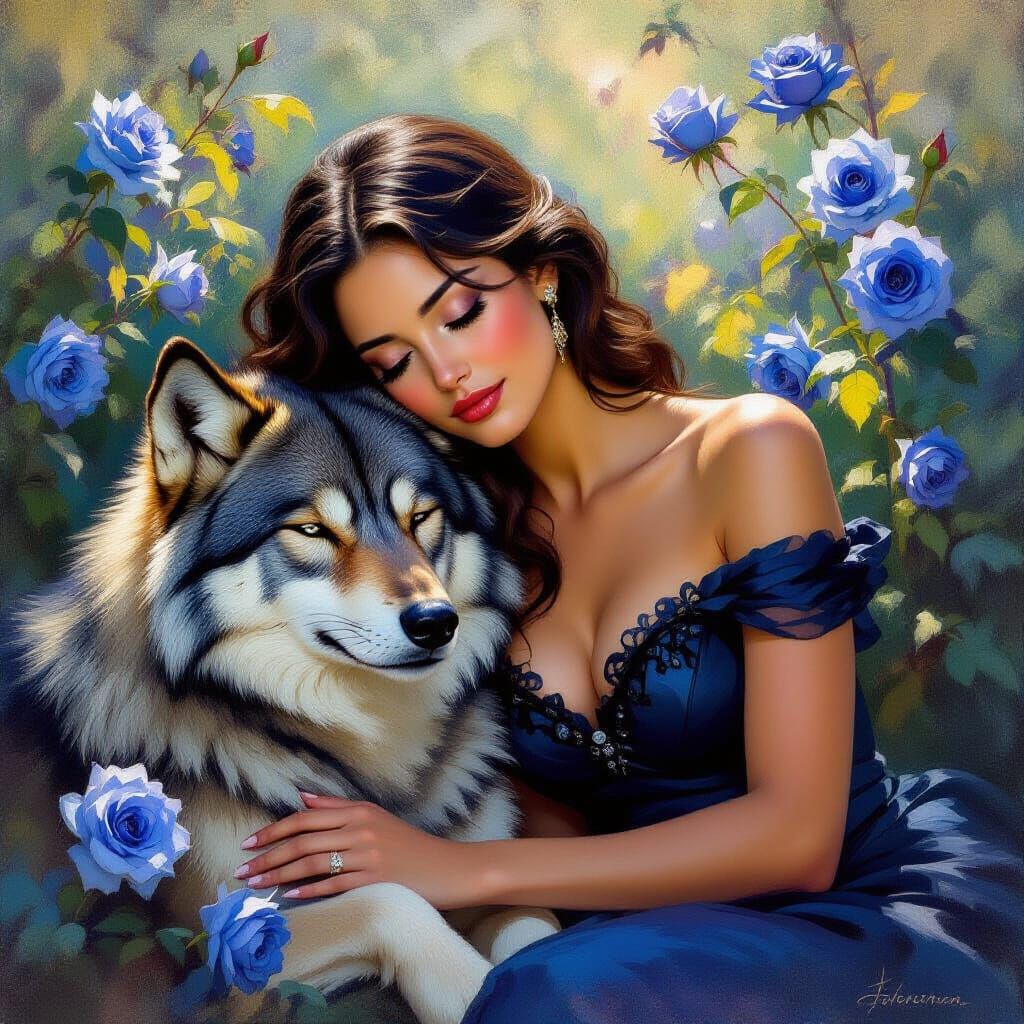 Woman and Wolf Napping in Blue Rose Garden Oil Painting
