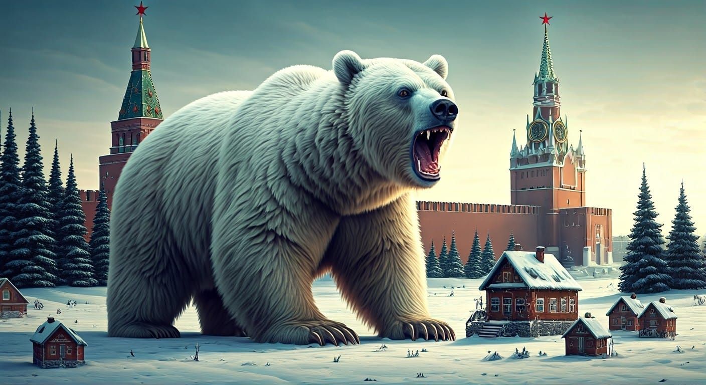Majestic White Bear Devours Whimsical Houses Amid Kremlin Ar...