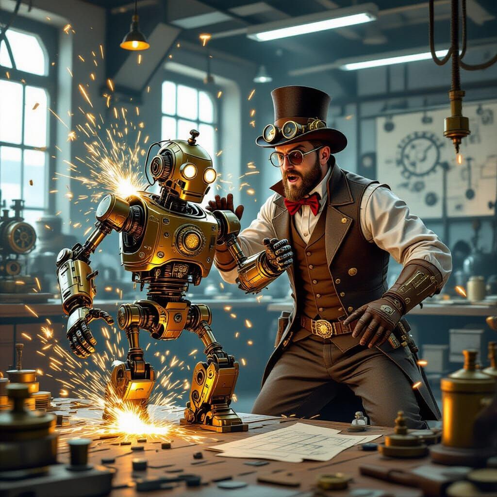 Steampunk Inventor's Automaton Malfunctions in Workshop