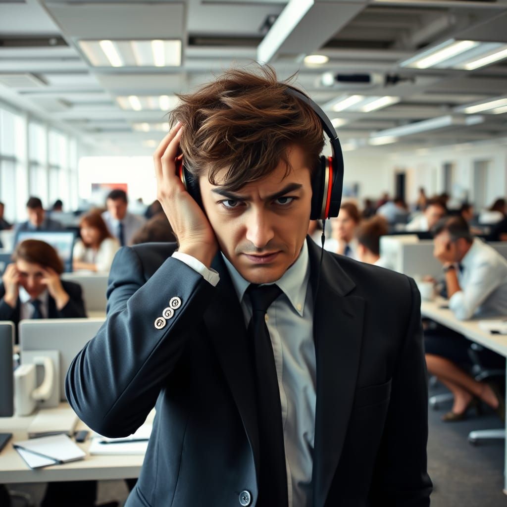 Frustrated Worker in Chaotic Open Office Space