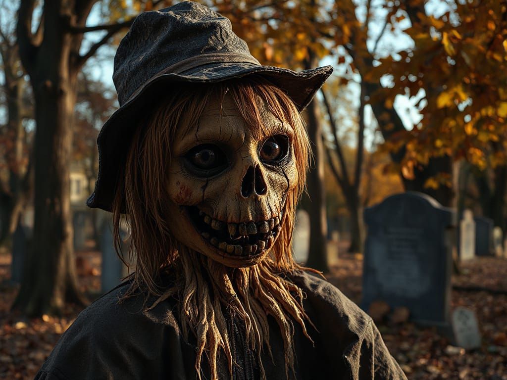Scarecrow Rises in Autumn Graveyard