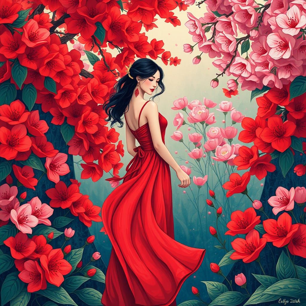 Woman in Red Dress Surrounded by Flowers