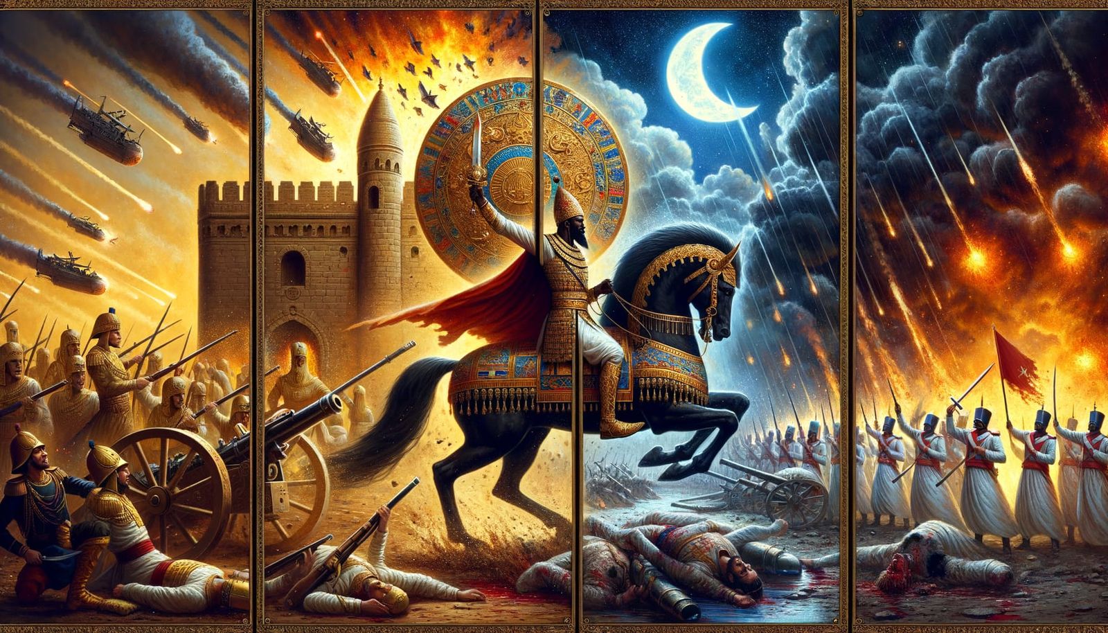 Triptych Painting: Epic Battle Scenes Unfold