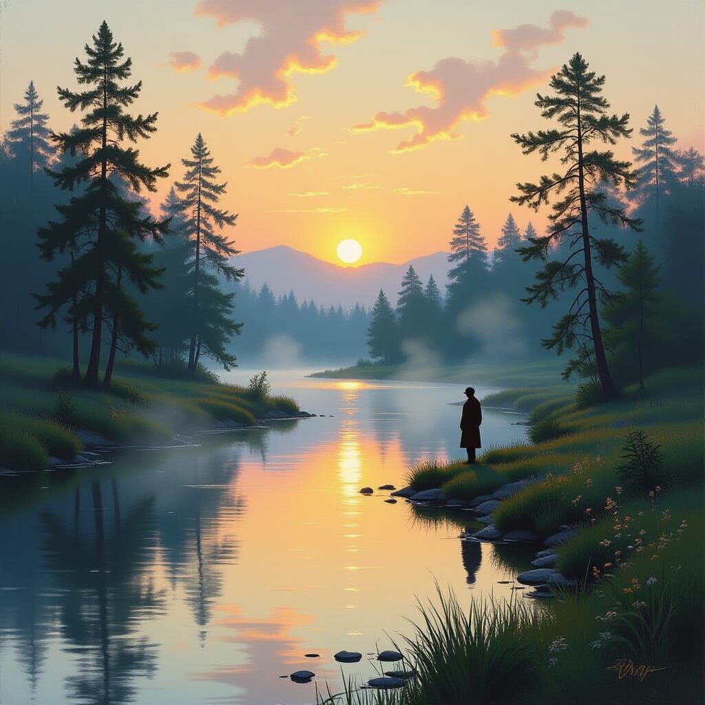 Tranquil Dawn Forest Stream Landscape Painting