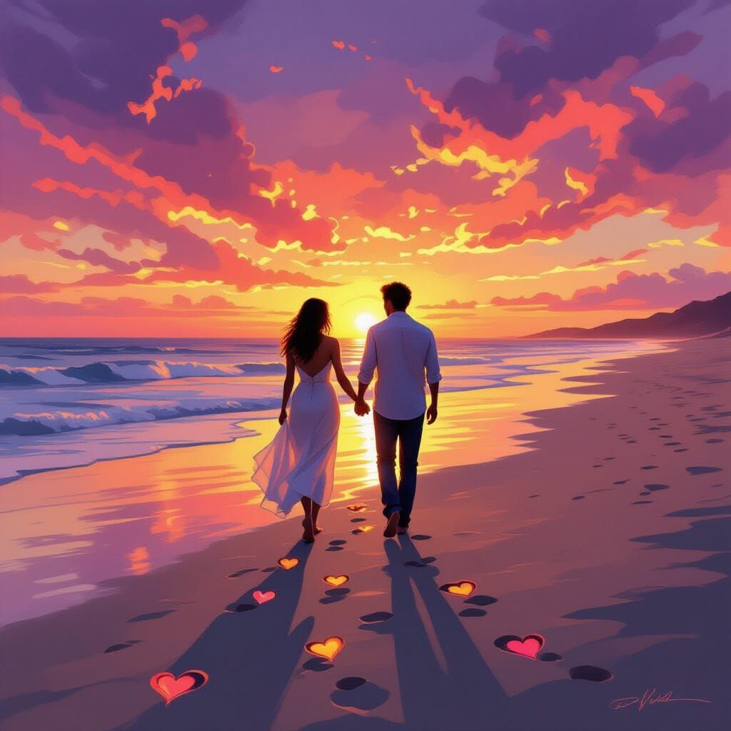 Romantic Sunset Beach Scene with Glowing Hearts