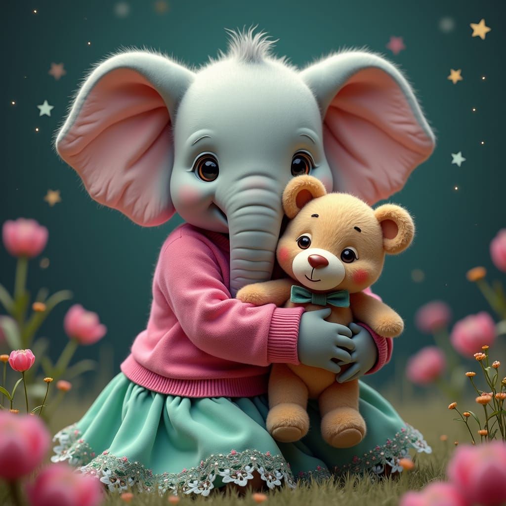 Elephant in Pink Sweater Hugging Teddy Bear