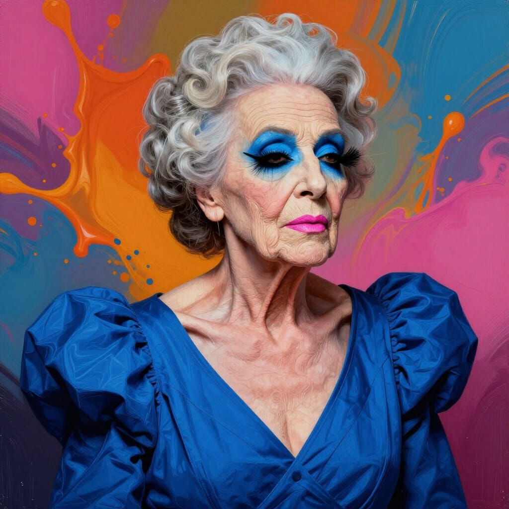 Elderly Woman in Blue Dress with Bold Makeup