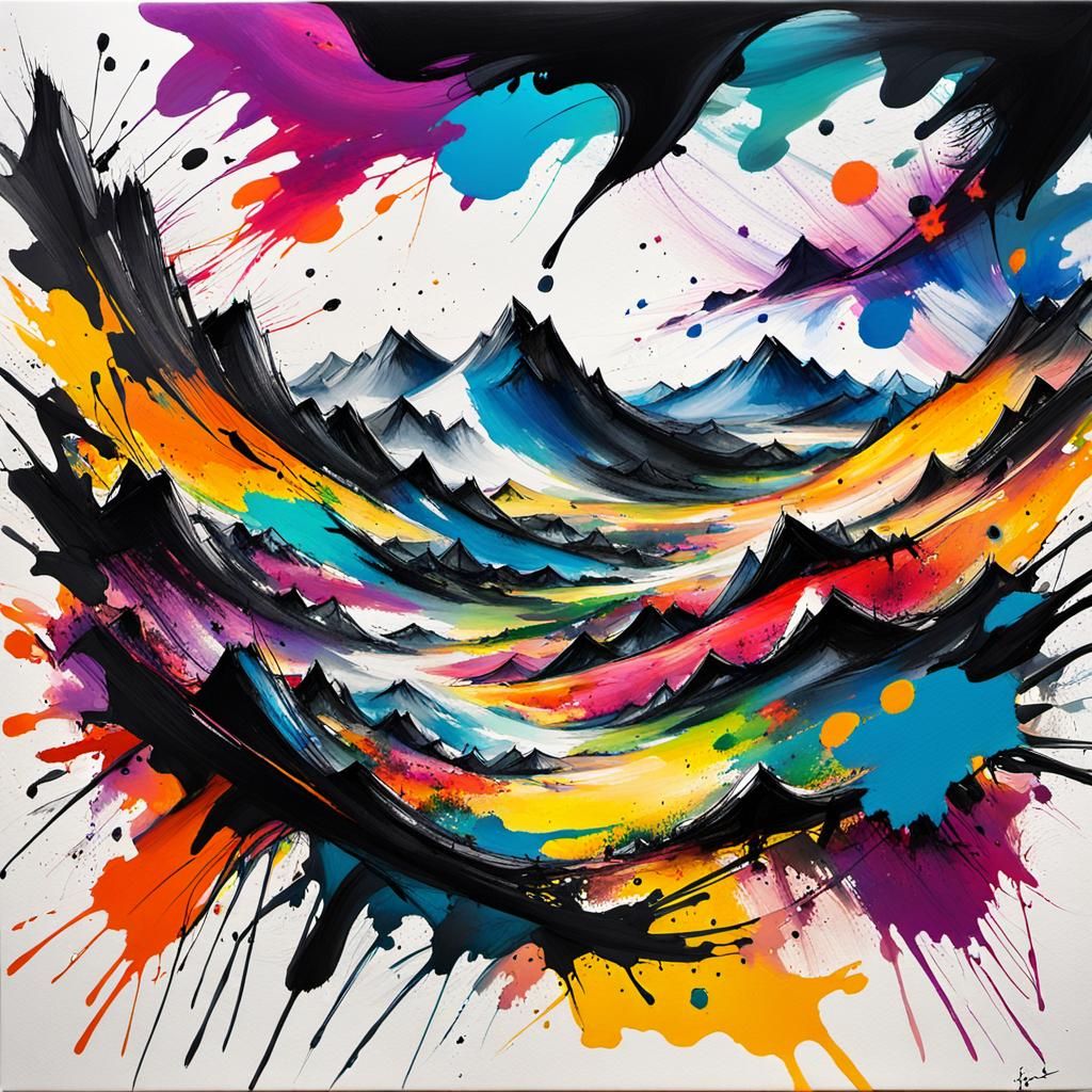 Abstract Ink Splatter Landscape: Expressive Action Painting