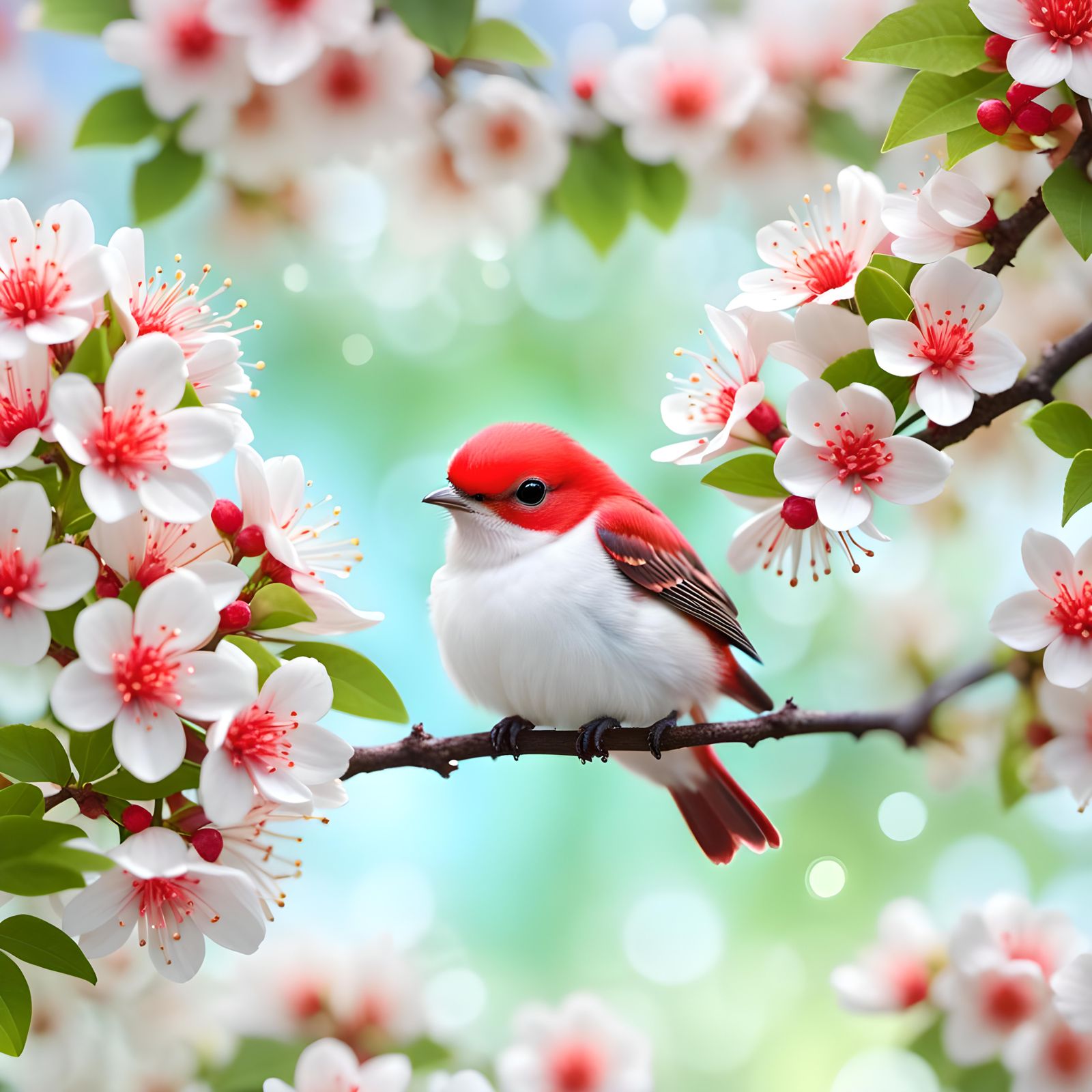 Luminous Red Chibi Bird in Blossoming Tree