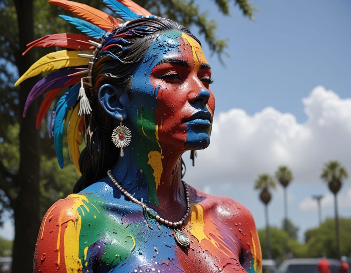 Indigenous American Woman in Vibrant Rainbow Coat