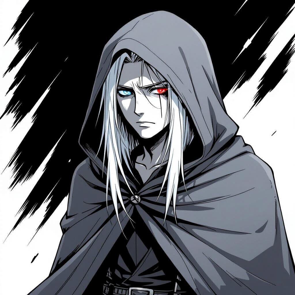 Manga Style Young Man in Hooded Cloak with Heterochromia