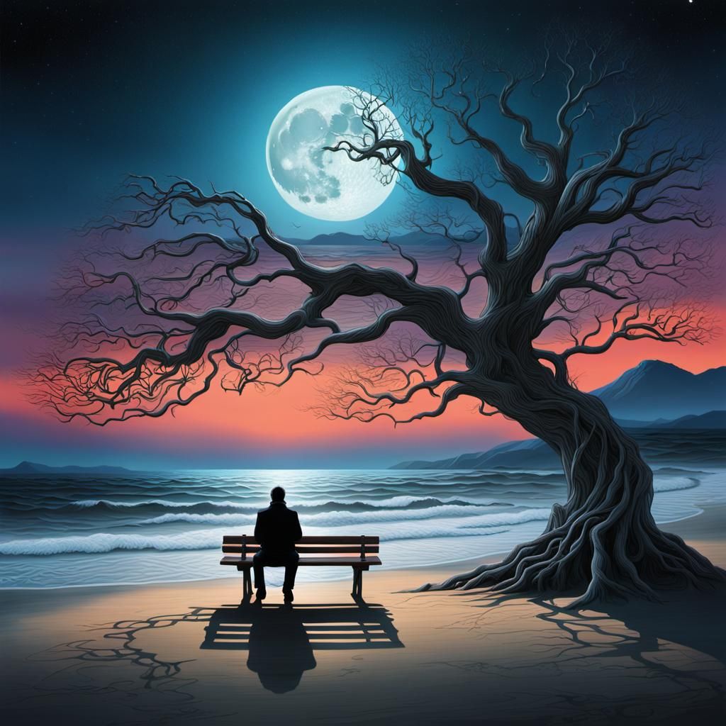 Dreamlike Beach Scene with T-Branch Trees in Splash Art Styl...