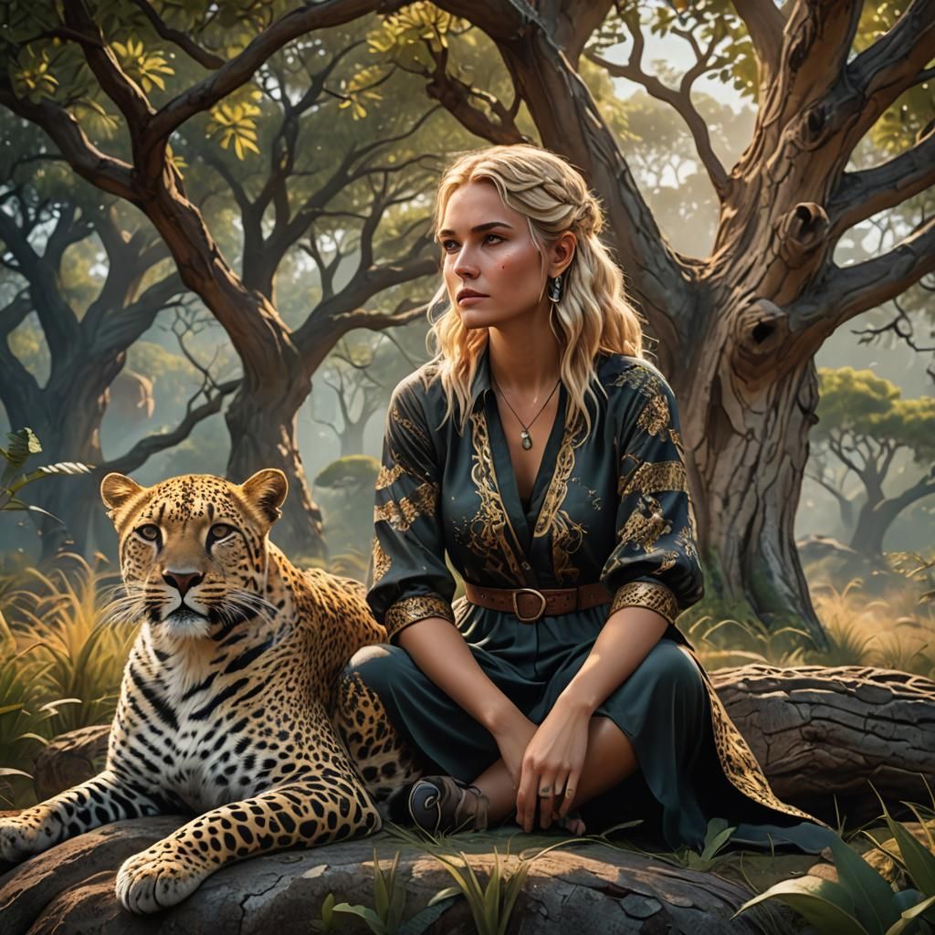 Girl with Leopard Cub in Summer Wilderness