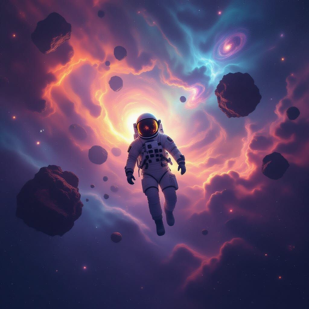 An astronaut adrift in a nebula, surrounded by swirling cosm...