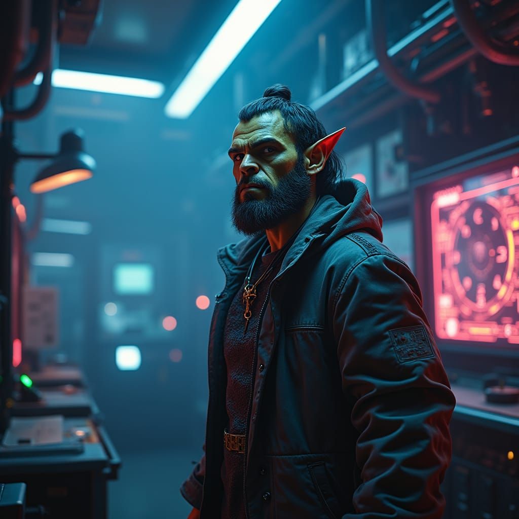 Cyberpunk Orc Scientist in Gritty Dystopian Lab