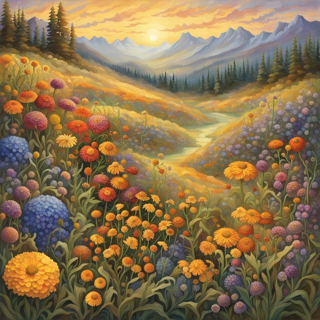 Lush Summer Meadow with Mountains: Ornate Ethereal Style