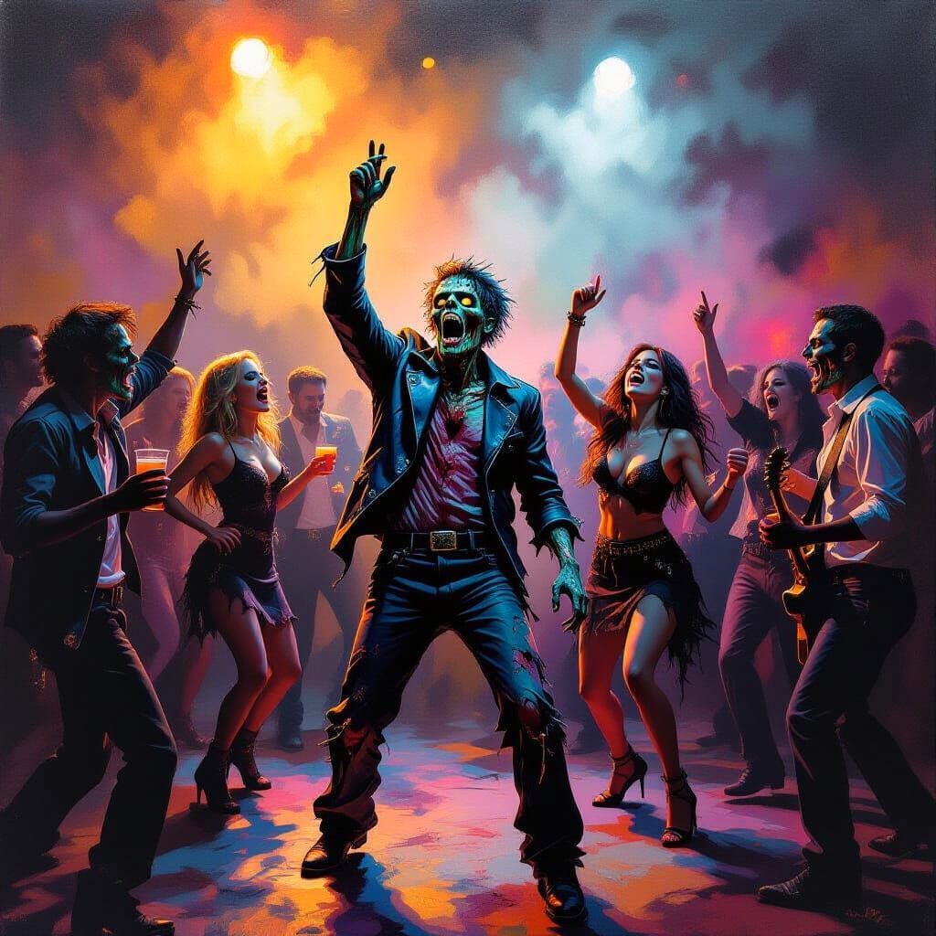 Zombie Rock Party Scene in Dramatic Realism