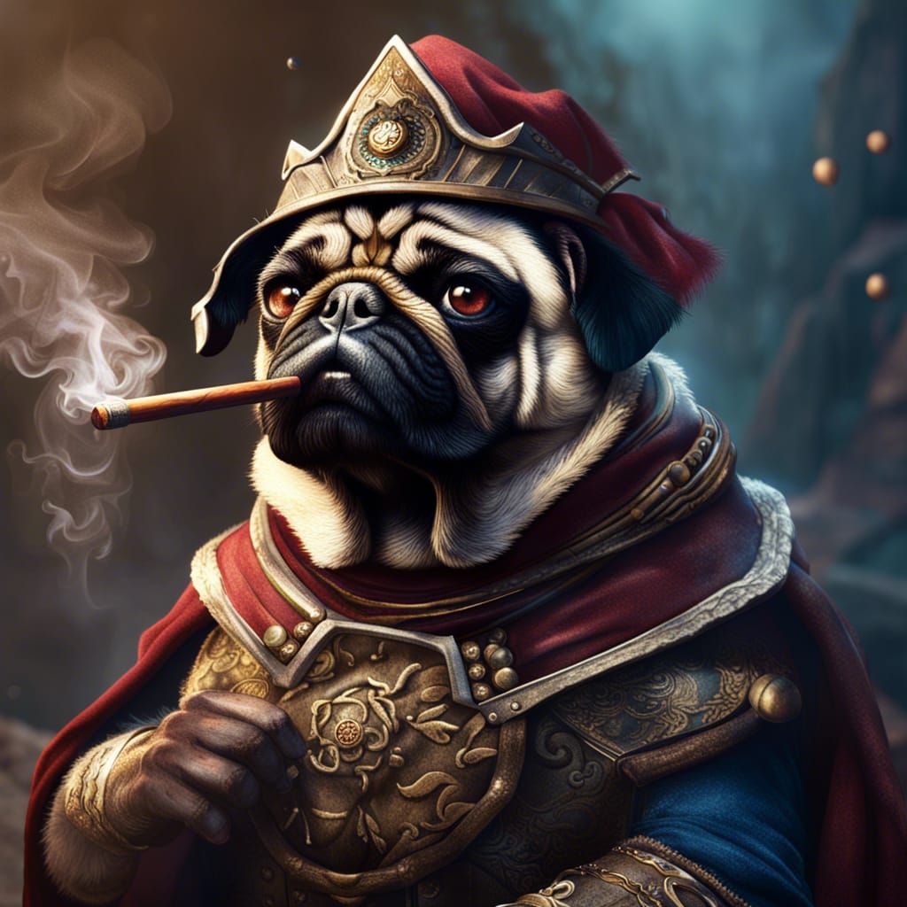 Pug Warrior Smoking Cigar: Detailed Matte Painting